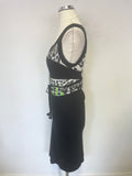 MARCCAIN SPORTS BLACK & MULTI PRINT BELTED SLEEVELESS STRETCH JERSEY DRESS SIZE 2 UK 10