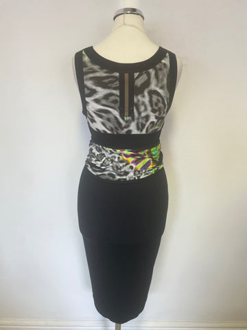 MARCCAIN SPORTS BLACK & MULTI PRINT BELTED SLEEVELESS STRETCH JERSEY DRESS SIZE 2 UK 10