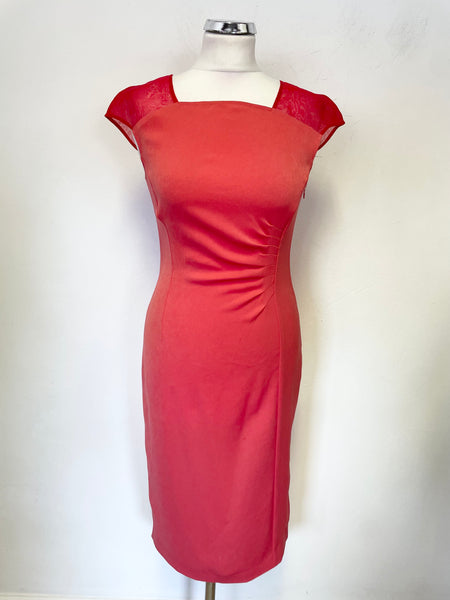 LK BENNETT CORAL & RED MESH SHOULDER CAP SLEEVE PENCIL DRESS SIZE 8