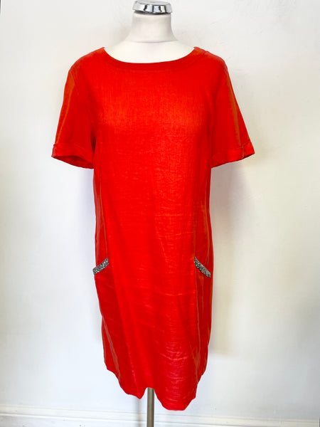 OUI RED LINEN &  COTTON SHORT SLEEVE RHINESTONE TRIM SHIFT DRESS SIZE 8