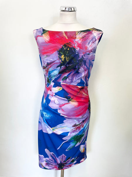 JOSEPH RIBKOFF BLUE & MULTI COLOURED FLORAL PRINT SLEEVELESS PENCIL DRESS  SIZE 10