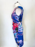 JOSEPH RIBKOFF BLUE & MULTI COLOURED FLORAL PRINT SLEEVELESS PENCIL DRESS  SIZE 10