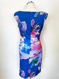 JOSEPH RIBKOFF BLUE & MULTI COLOURED FLORAL PRINT SLEEVELESS PENCIL DRESS  SIZE 10