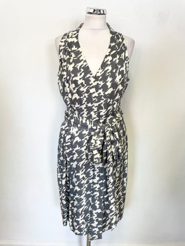 JAEGER SILK MIX GREY & IVORY PRINT SLEEVELESS BELTED SHEATH DRESS SIZE 16