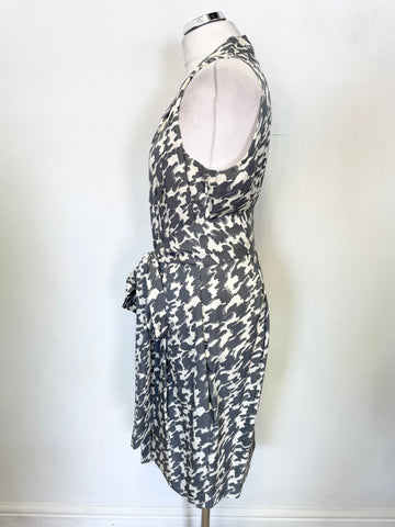 JAEGER SILK MIX GREY & IVORY PRINT SLEEVELESS BELTED SHEATH DRESS SIZE 16