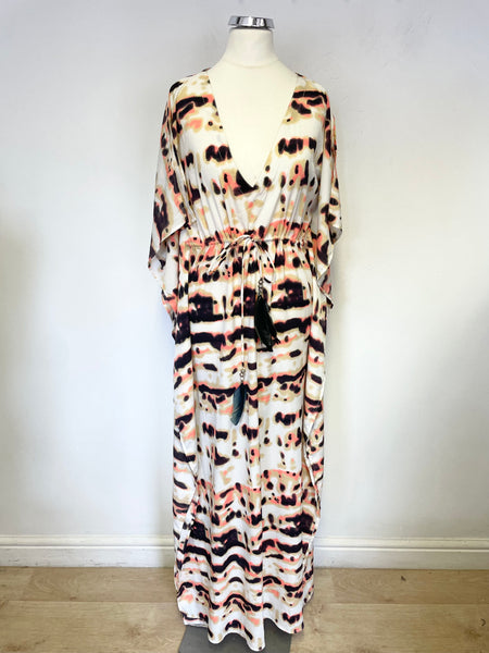 CLUB TROPICANO CREAM,BROWN & CORAL PRINT KAFTAN BEACH DRESS SIZE S