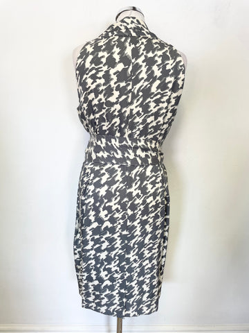 JAEGER SILK MIX GREY & IVORY PRINT SLEEVELESS BELTED SHEATH DRESS SIZE 16