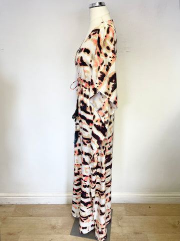 CLUB TROPICANO CREAM,BROWN & CORAL PRINT KAFTAN BEACH DRESS SIZE S