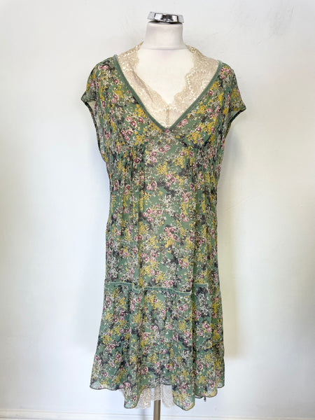 TWIN-SET BY SIMONA BARRIERI GREEN FLORAL & CREAM  LACE SLIP LINED DRESS SIZE XL