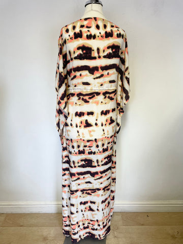 CLUB TROPICANO CREAM,BROWN & CORAL PRINT KAFTAN BEACH DRESS SIZE S