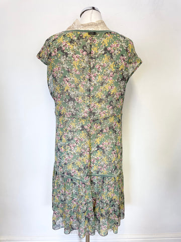 TWIN-SET BY SIMONA BARRIERI GREEN FLORAL & CREAM  LACE SLIP LINED DRESS SIZE XL