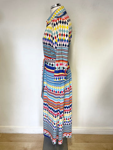 K DESIGN MULTI COLOUR COLLARED BUTTON FASTEN 3/4 SLEEVE BELTED MIDI DRESS SIZE XL