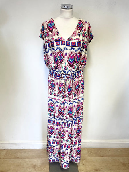 OUI MULTI COLOURED PRINT DRAWSTRING TIE WAIST SLEEVELESS MAXI DRESS SIZE 14