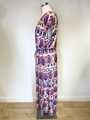 OUI MULTI COLOURED PRINT DRAWSTRING TIE WAIST SLEEVELESS MAXI DRESS SIZE 14