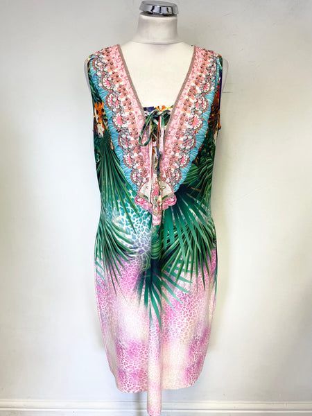 K DESIGN GREEN & PINK PRINT BEAD & SEQUIN TRIM LACE UP SLEEVELESS SHIFT DRESS SIZE XL