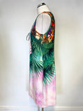 K DESIGN GREEN & PINK PRINT BEAD & SEQUIN TRIM LACE UP SLEEVELESS SHIFT DRESS SIZE XL