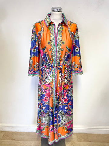 K DESIGN MULTI COLOUR COLLARED BUTTON FASTEN 3/4 SLEEVE BELTED MIDI DRESS SIZE L