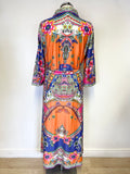 K DESIGN MULTI COLOUR COLLARED BUTTON FASTEN 3/4 SLEEVE BELTED MIDI DRESS SIZE L