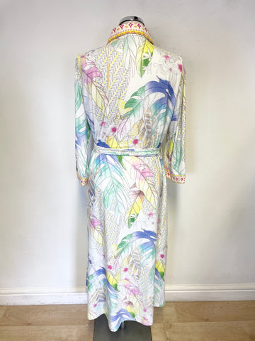 K DESIGN PASTEL MULTI PRINT COLLARED 3/4 SLEEVE TIE BELT MIDI DRESS SIZE XL