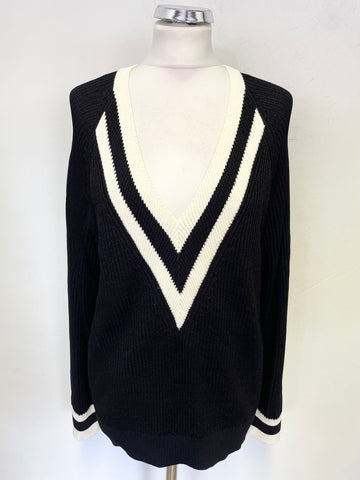 REISS MATILDA BLACK & WHITE CONTRAST STRIPE RIB KNIT LONG SLEEVED JUMPER SIZE L