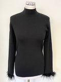 BRAND NEW SOSANDAR  BLACK RIB KNIT DETACHABLE FUR TRIM LONG SLEEVED JUMPER SIZE L