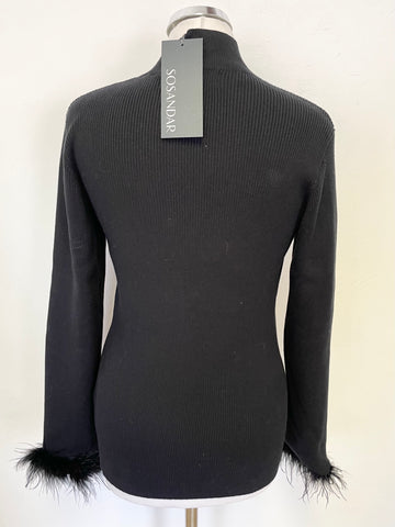 BRAND NEW SOSANDAR  BLACK RIB KNIT DETACHABLE FUR TRIM LONG SLEEVED JUMPER SIZE L