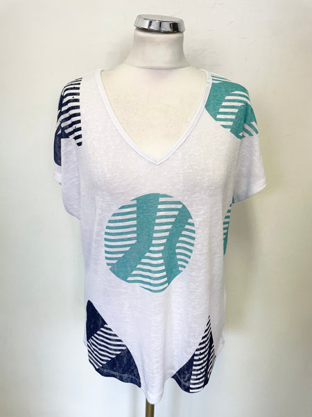 BRAND NEW MARBLE WHITE, TURQUOISE & NAVY PRINT RELAXED FIT FINE KNIT TOP SIZE 3 / L