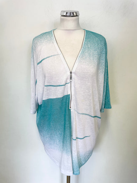 MARBLE TURQUOISE & WHITE RELAXED FIT ZIP FRONT SHORT BATWING SLEEVED TOP SIZE 2 /M