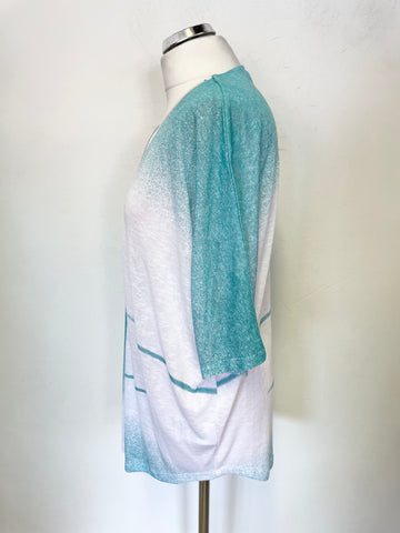 MARBLE TURQUOISE & WHITE RELAXED FIT ZIP FRONT SHORT BATWING SLEEVED TOP SIZE 2 /M