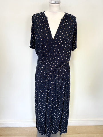 WHITE COMPANY NAVY & CREAM PRINT JERSEY TIE WAIST SHORT SLEEVE MIDI DRESS SIZE 14