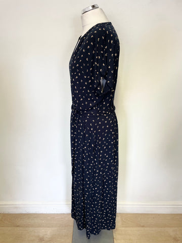 WHITE COMPANY NAVY & CREAM PRINT JERSEY TIE WAIST SHORT SLEEVE MIDI DRESS SIZE 14