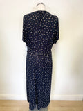 WHITE COMPANY NAVY & CREAM PRINT JERSEY TIE WAIST SHORT SLEEVE MIDI DRESS SIZE 14