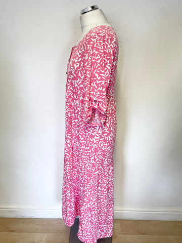 MARBLE PINK & WHITE PRINT SCOOP NECK 3/4 SLEEVE TIERED MIDI DRESS SIZE 12