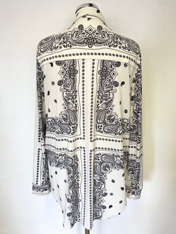 OUI  IVORY & BLACK PAISLEY PRINT COLLARED LONG SLEEVED BLOUSE SIZE 12