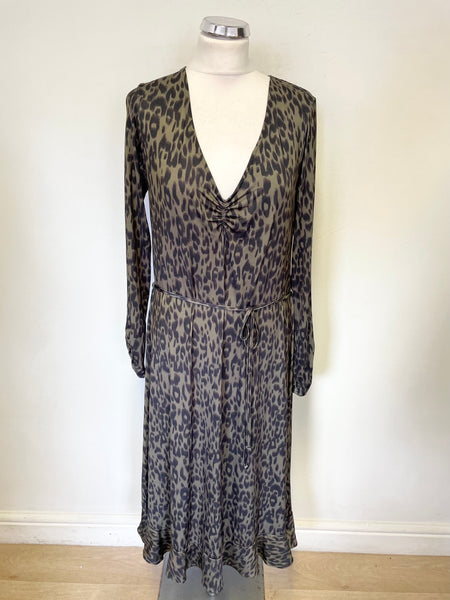 BRAND NEW SOSANDAR KHAKI LEOPARD PRINT V NECK LONG SLEEVED SLINKY MIDI DRESS SIZE 14