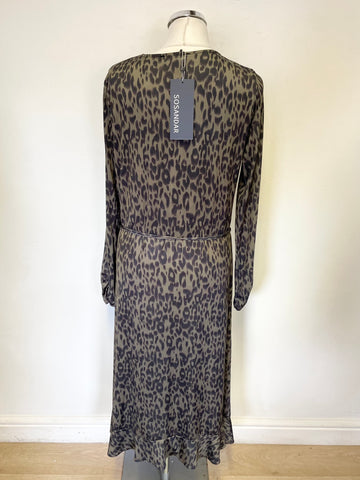 BRAND NEW SOSANDAR KHAKI LEOPARD PRINT V NECK LONG SLEEVED SLINKY MIDI DRESS SIZE 14