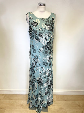 COUNTRY CASUALS LIGHT TURQUOISE PRINT COWL BACK SLEEVELESS BIAS CUT MAXI DRESS SIZE 18