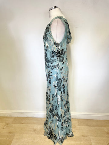 COUNTRY CASUALS LIGHT TURQUOISE PRINT COWL BACK SLEEVELESS BIAS CUT MAXI DRESS SIZE 18