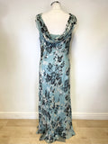 COUNTRY CASUALS LIGHT TURQUOISE PRINT COWL BACK SLEEVELESS BIAS CUT MAXI DRESS SIZE 18