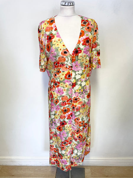 NOBODYS CHILD MULTI COLOURED FLORAL PRINT SHORT SLEEVE MIDI DRESS SIZE 16