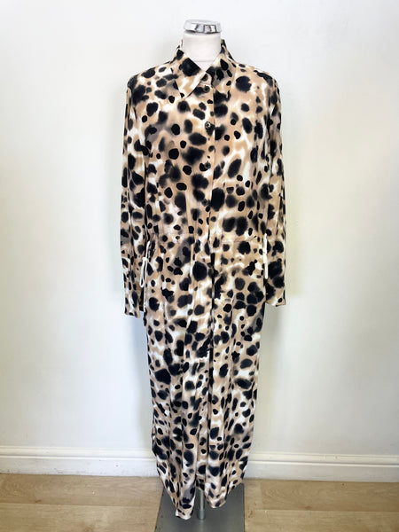 MARCCAIN SPORTS BLACK, CAMEL & WHITE PRINT COLLARED LONG SLEEVED MIDI DRESS SIZE 5 UK 16