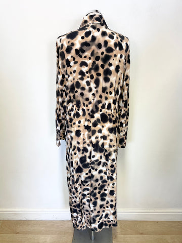 MARCCAIN SPORTS BLACK, CAMEL & WHITE PRINT COLLARED LONG SLEEVED MIDI DRESS SIZE 5 UK 16