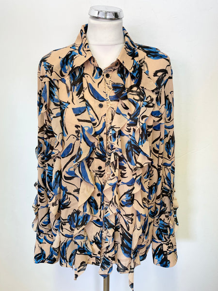 MARCCAIN CAMEL & BLUE BIRD PRINT LACE & FRILL FRONT LONG SLEEVED BLOUSE SIZE 5 UK 16/18