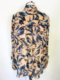 MARCCAIN CAMEL & BLUE BIRD PRINT LACE & FRILL FRONT LONG SLEEVED BLOUSE SIZE 5 UK 16/18