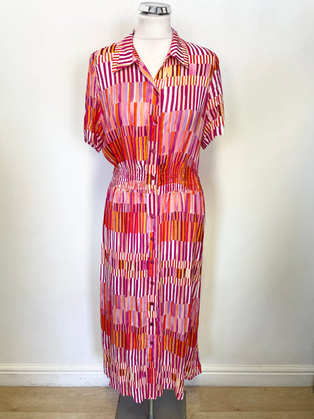 NOEN MULTI COLOURED STRIPE DESIGN COLLARED BUTTON THROUGH SHORT SLEEVE MIDI DRESS SIZE 12