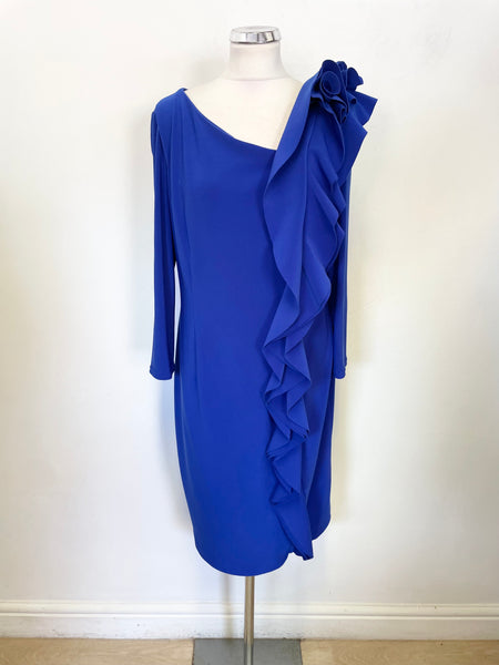 JOSEPH RIBKOFF BLUE FRILL FRONT 3/4 SLEEVE SPECIAL OCCASION DRESS SIZE 14