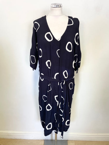 FOIL NAVY BLUE & WHITE PRINT BUTTON FRONT SHORT SLEEVE BELTED DRESS SIZE 10