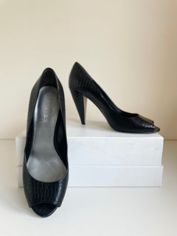 NINE WEST BLACK LEATHER SNAKESKIN DESIGN PEEPTOE HEELS SIZE 5/38