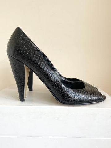 NINE WEST BLACK LEATHER SNAKESKIN DESIGN PEEPTOE HEELS SIZE 5/38