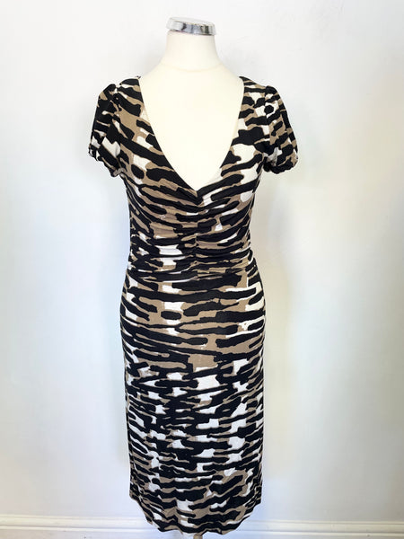 UNBRANDED BLACK, WHITE & TAN PRINT V NECK SHORT SLEEVED DRESS SIZE 8